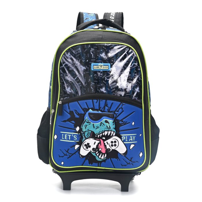 Mochila de carro Skora vista de frente con diseño de dinosaurio colo negra y azul